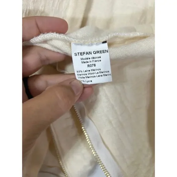 Stefan Green 2 Cardigan Sweater Merino Wool Blend Cream Gold Zip Trim Boxy - Picture 8 of 11
